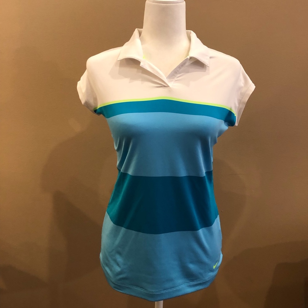 Nike Dri Fit Color Block Blue, White, and Green Golf Shirt, Size S